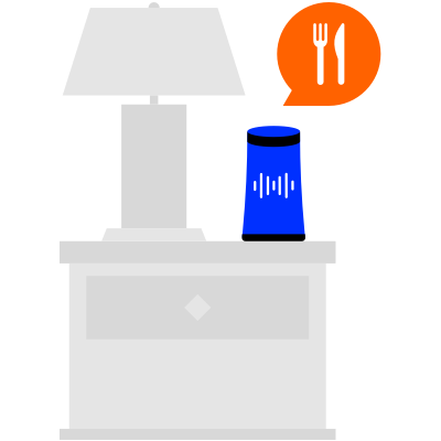 A smart speaker with a lamp beside it