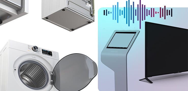 voice-enabled smart devices including a washing machine, TV, and Kiosk