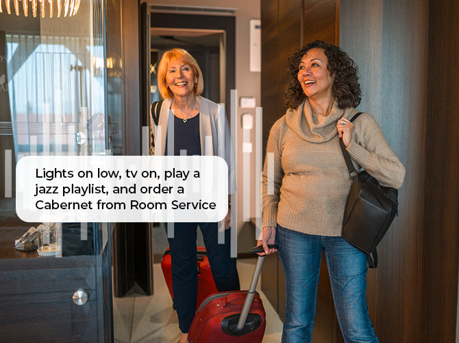 Woman using voice AI at a hotel