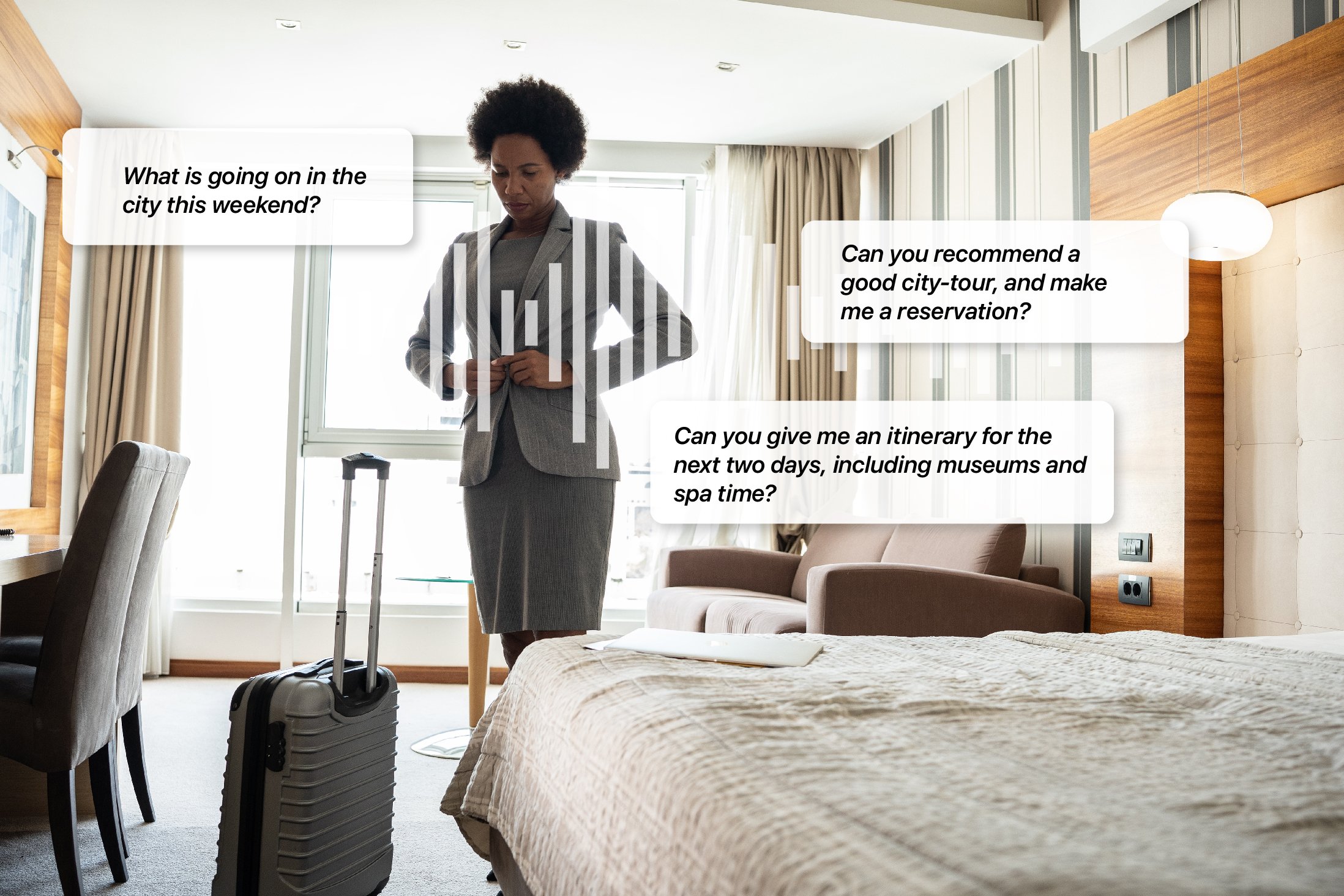 a woman talking to a voice-enabled tv in a hotel room