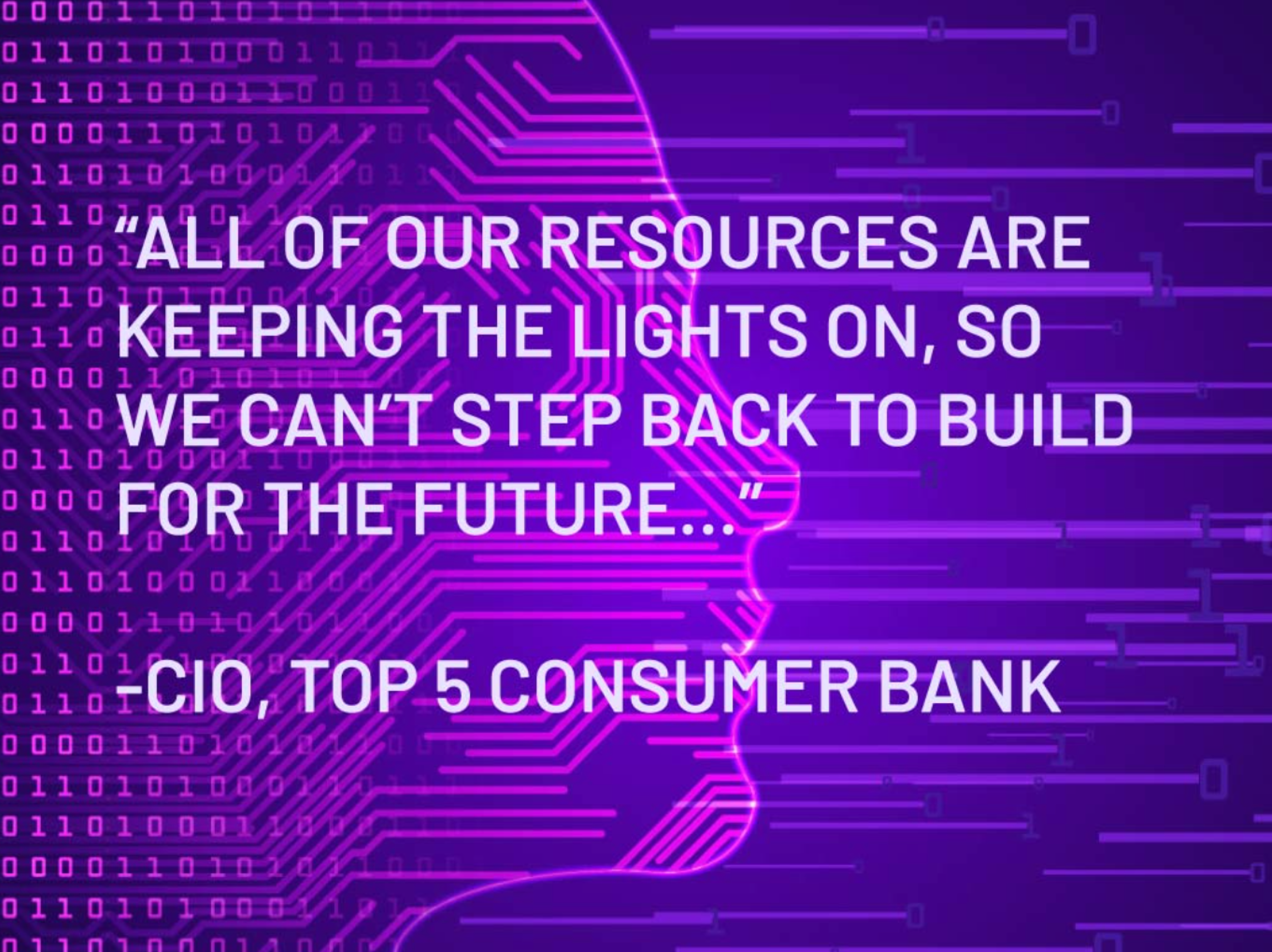 An abstract side profile of a human head and shoulders created by glowing purple lines, resembling a circuit board on a dark purple background. Large, white block letters overlay the image, quoting, "ALL OF OUR RESOURCES ARE KEEPING THE LIGHTS ON, SO WE CAN